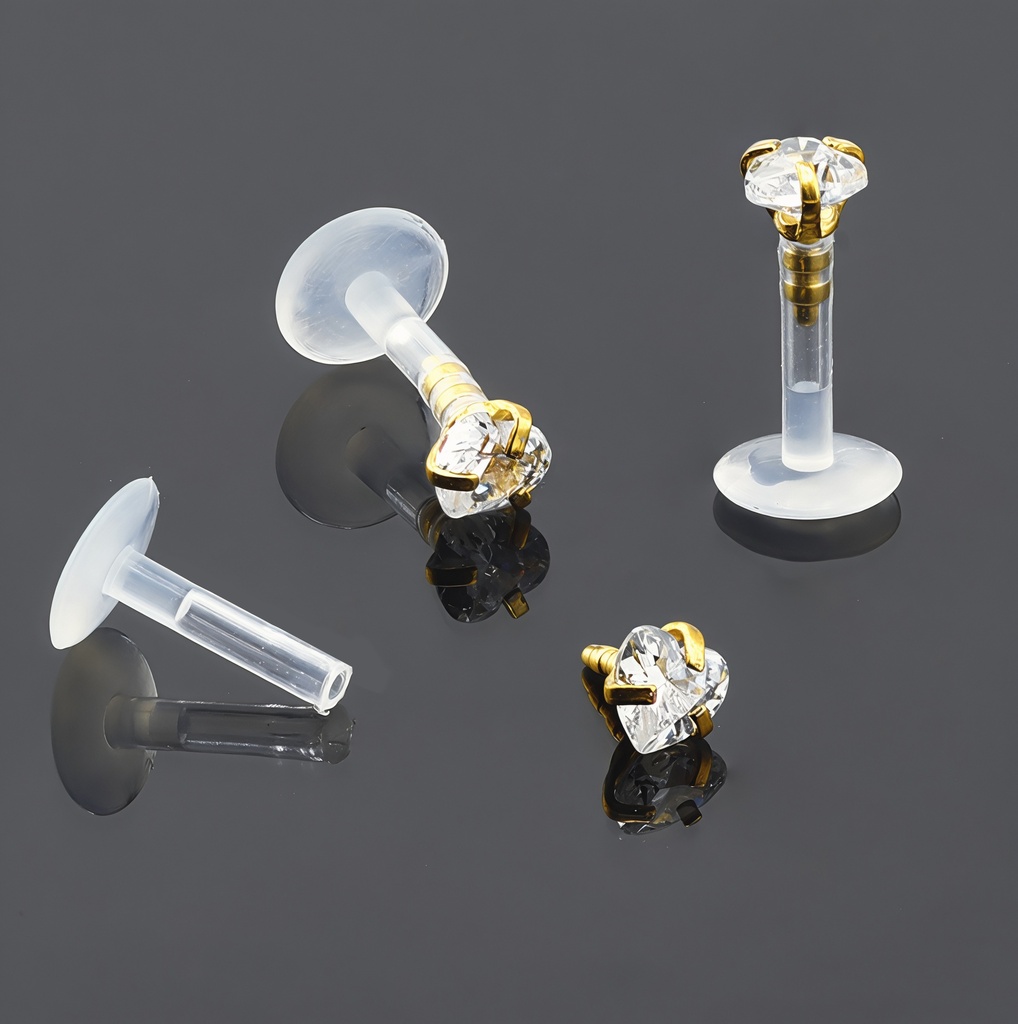 Push-In Bioflex Labret  with Steel 316L Gold Ti-PVD Coated Heart Crystal Top (Prong Setting)    