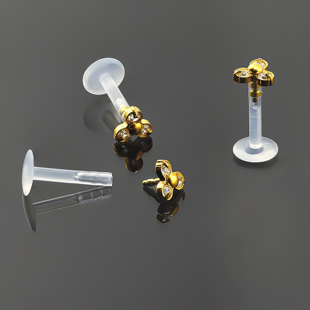 Push-In Bioflex Labret  with Steel 316L Gold 3 Cluster Crystal Top (Prong Setting)