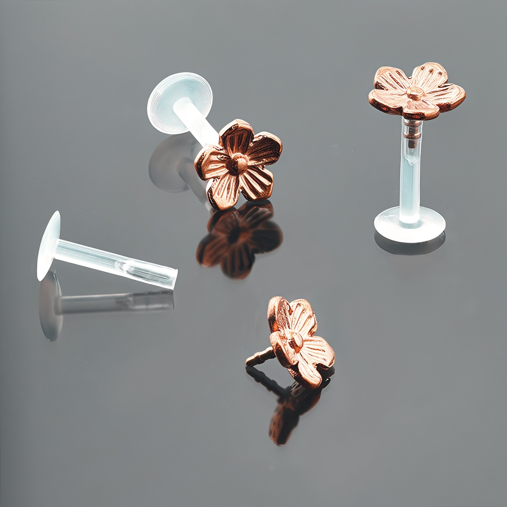 Push-In Bioflex Labret  with Steel 316L Rose Gold Ti-PVD Coated Flower Top       