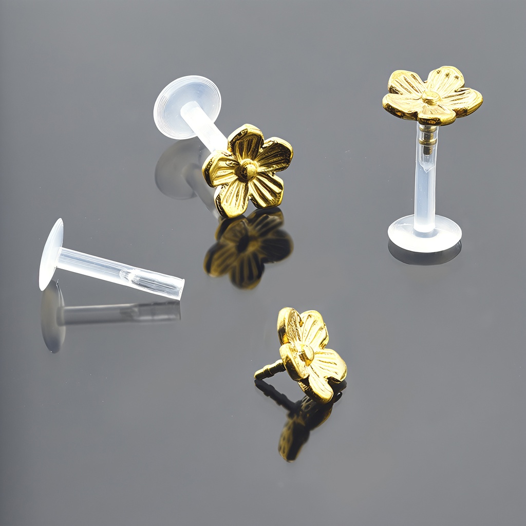 Push-In Bioflex Labret  with Steel 316L Gold Ti-PVD Coated Flower Top      
