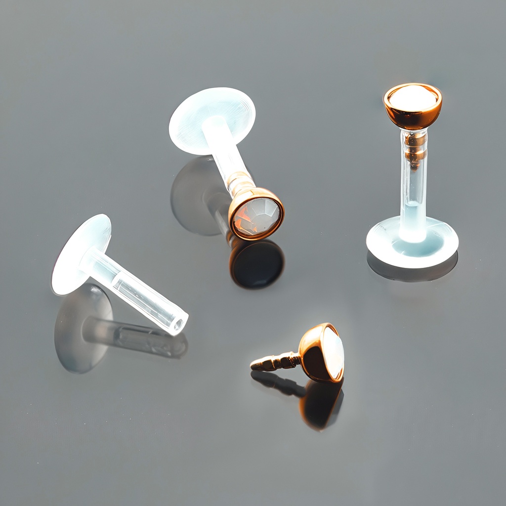 Push-In Bioflex Labret  with Steel 316L Rose Gold Ti-PVD Coated Half Ball Opal Crystal Top          