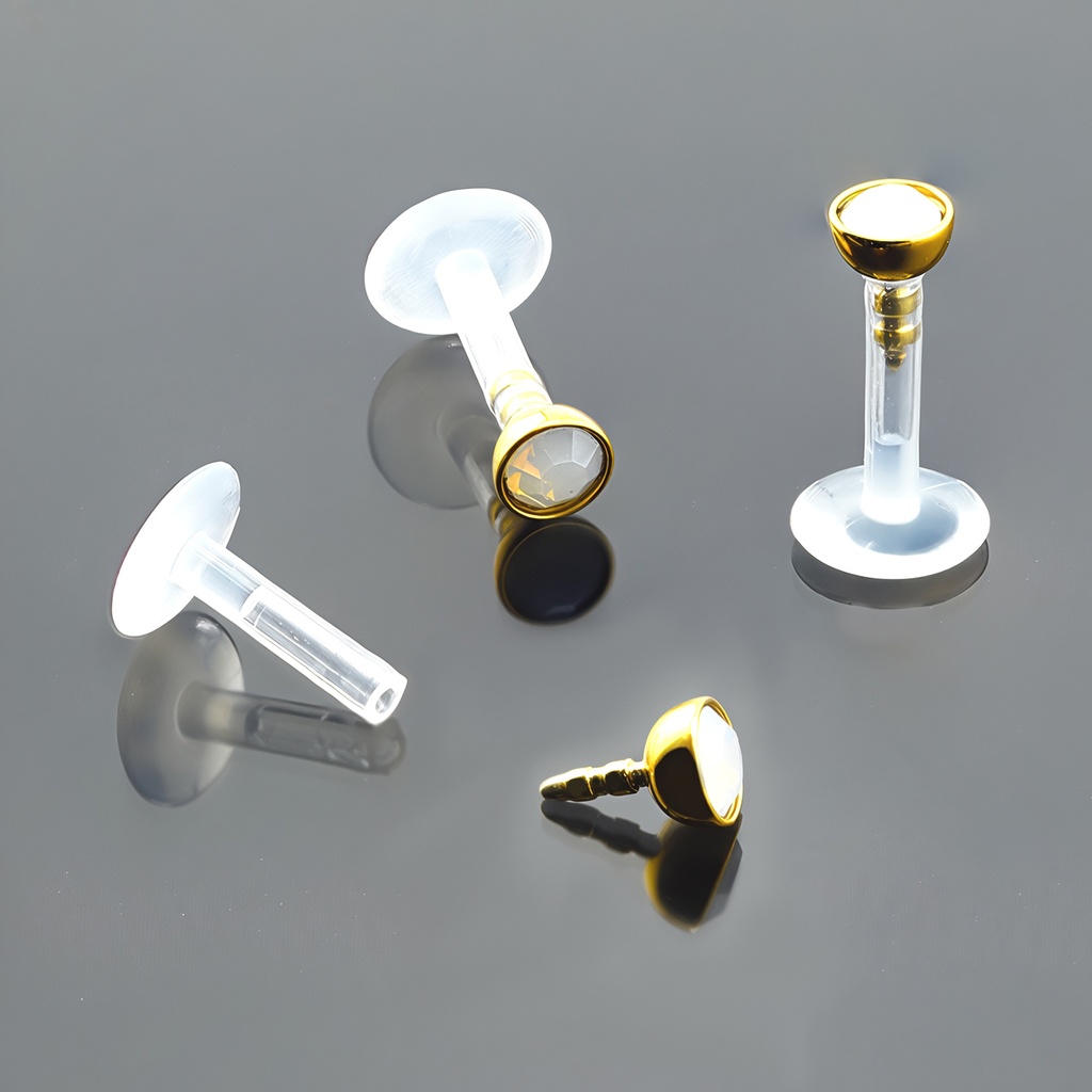 Push-In Bioflex Labret  with Steel 316L Gold Ti-PVD Coated Half Ball Opal Crystal Top         