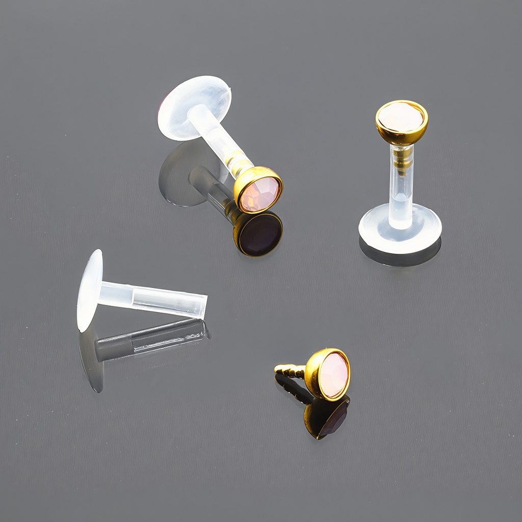 Push-In Bioflex Labret  with Steel 316L Gold Ti-PVD Coated Half Ball Opal Crystal Top             