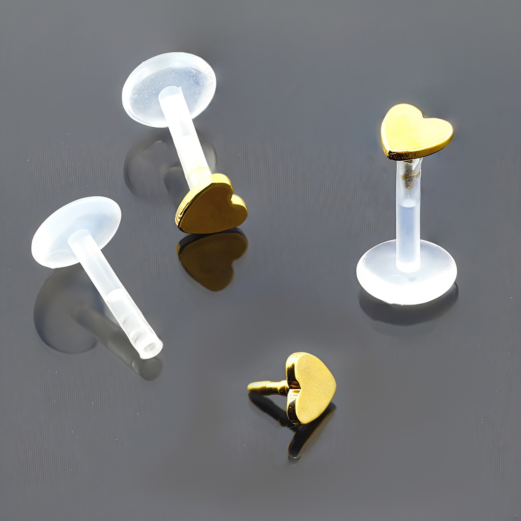 Push-In Bioflex Labret  with Steel 316L Gold Ti-PVD Coated Heart Top 