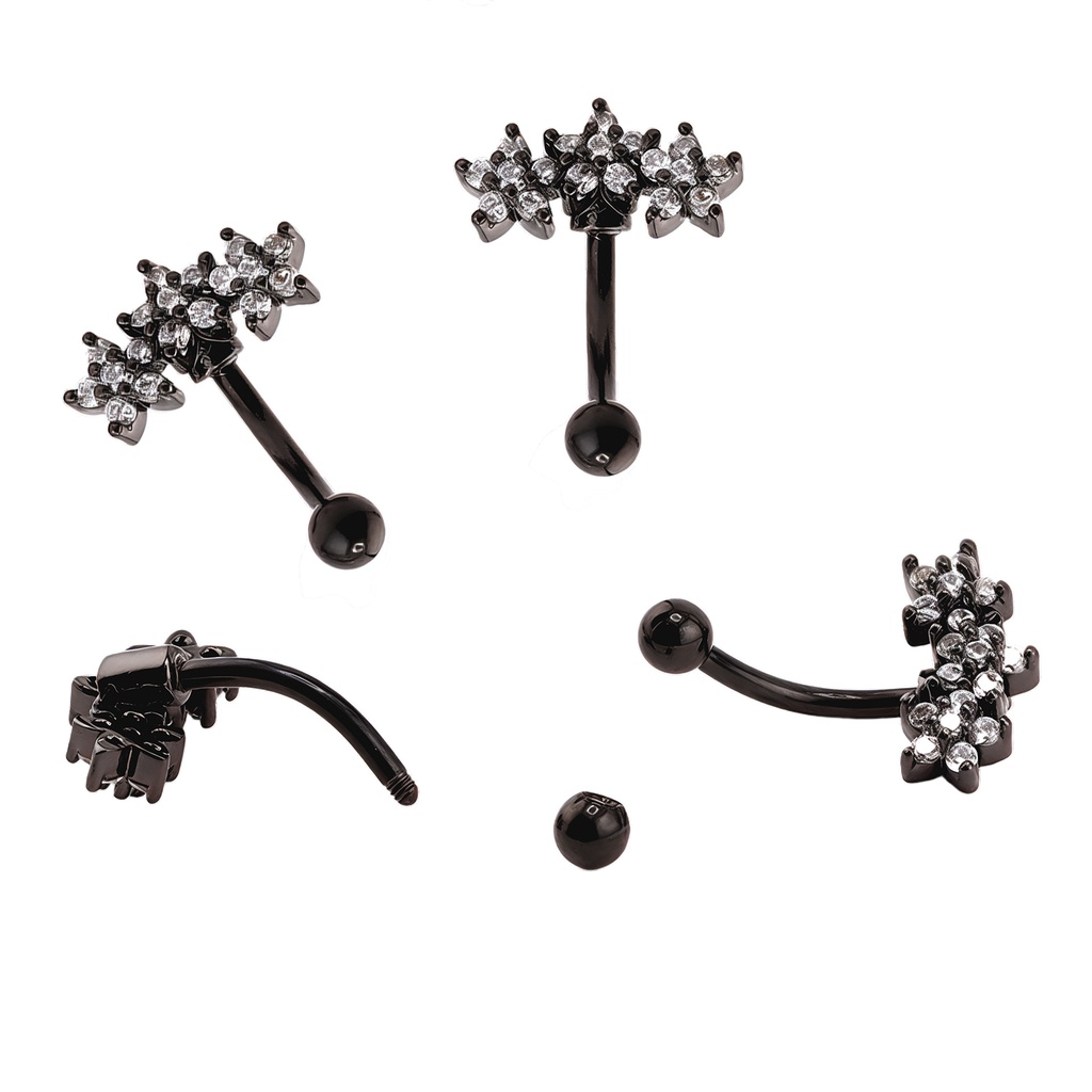 Steel 316L Black Ti-PVD Coated Eyebrow Bananabell in 3 Stars with Crystal Design