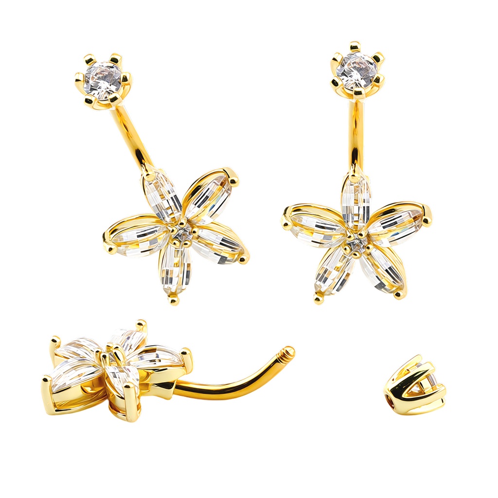 Steel 316L Gold Ti-PVD Coated Belly Button Banana in Flower Design - CC Crystal Clear  