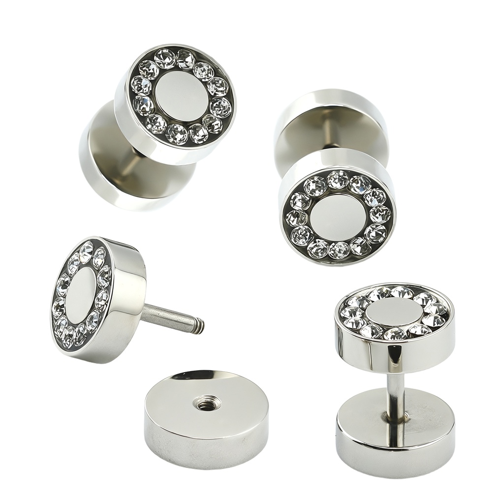 Steel 316L Ear Fake Plug with Flat Crystal Disc with Epoxy Cover - 16GA(1.2mm) 