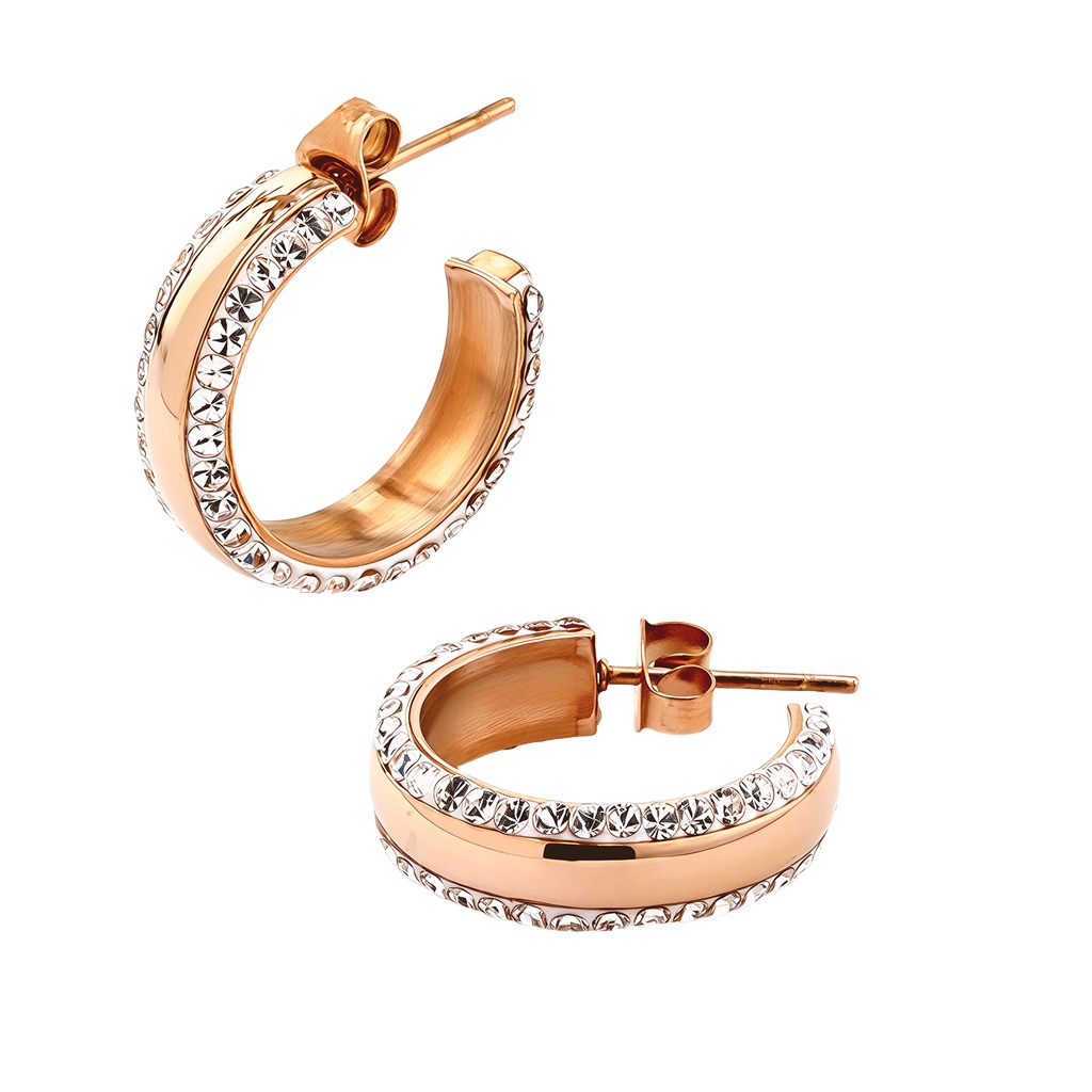 Steel 316L Rose Gold Ti-PVD Coated Open Hoop Earring with Crystals  