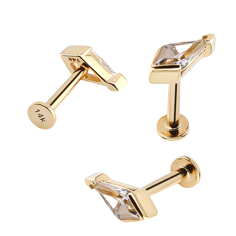 14K Real Gold Internally Labret with Partial Bezel Setting Synthetic Diamond in Kite Design  