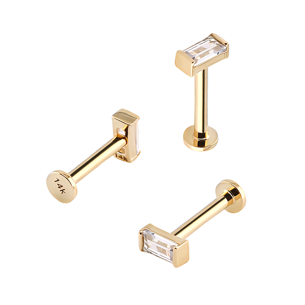 14K Real Gold Internally Labret with Partial Bezel Setting Synthetic Diamond in Baguette Design 