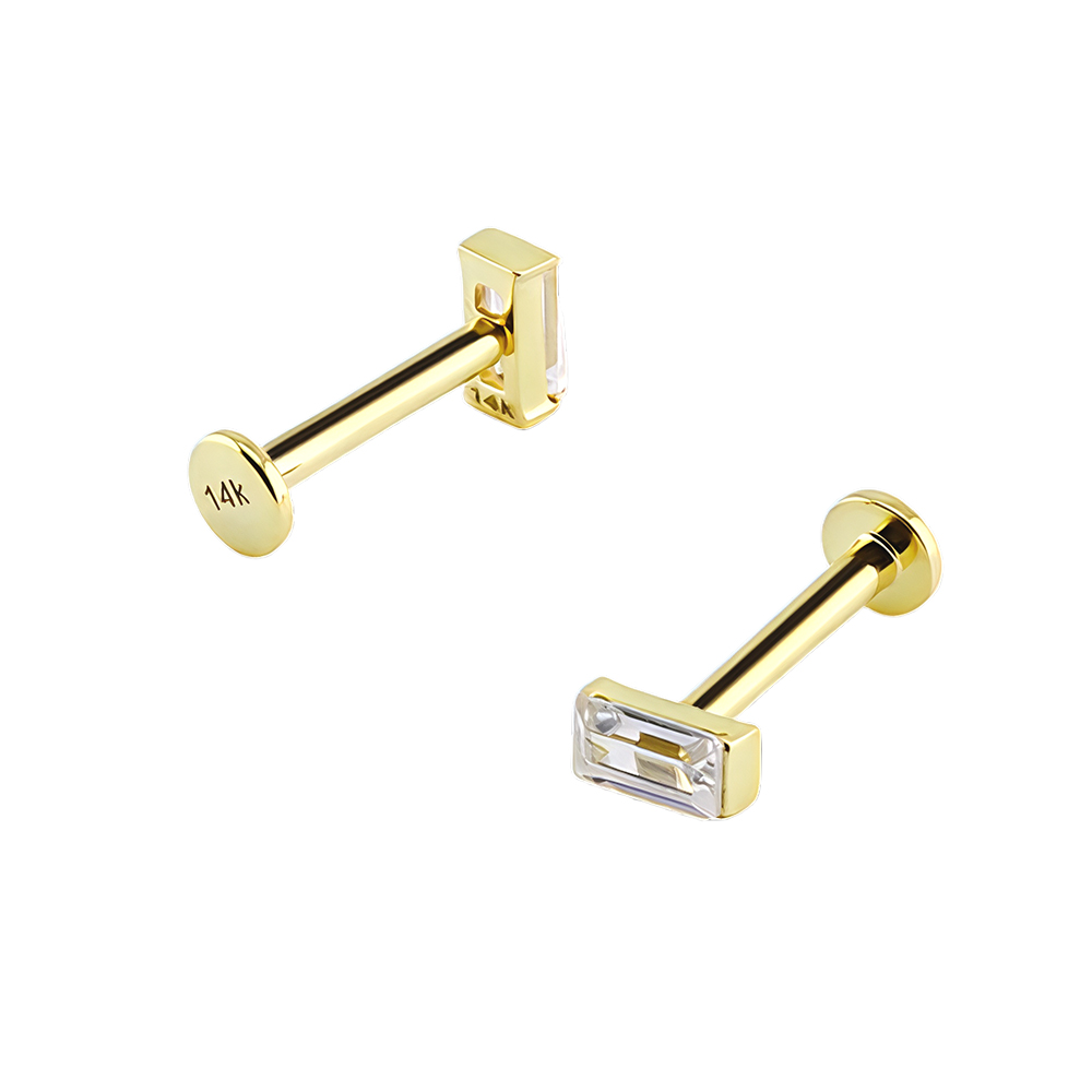 14K Real Gold Internally Labret with Not Visible Setting Synthetic Diamond in Baguette Design  