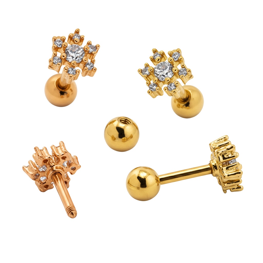 Steel 316L Barbell in Snowflakes Design with Crystal 