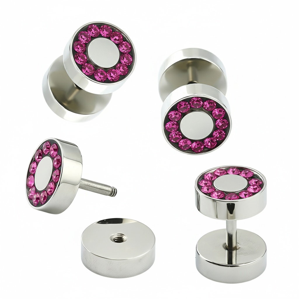 Steel 316L Ear Fake Plug with Flat Crystal Disc without Epoxy Cover - 18GA(1.0mm)