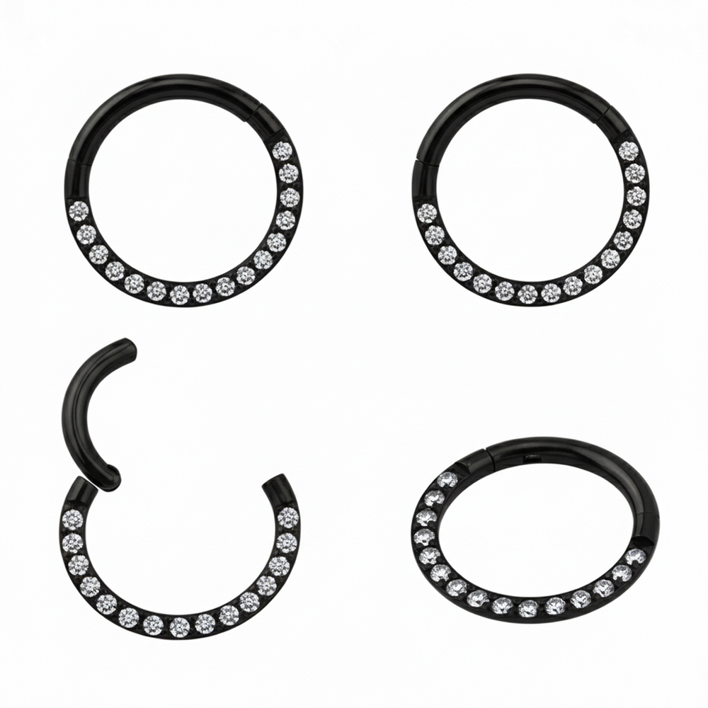 Steel 316L Black Ti-PVD Coated Hinged Segment Ring with Crystal Pave   