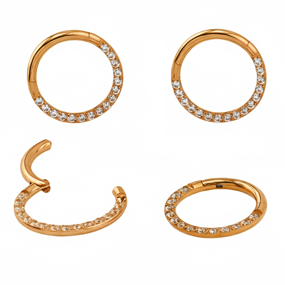 Steel 316L Rose Gold Ti-PVD Coated Hinged Segment Ring with Crystal Pave     