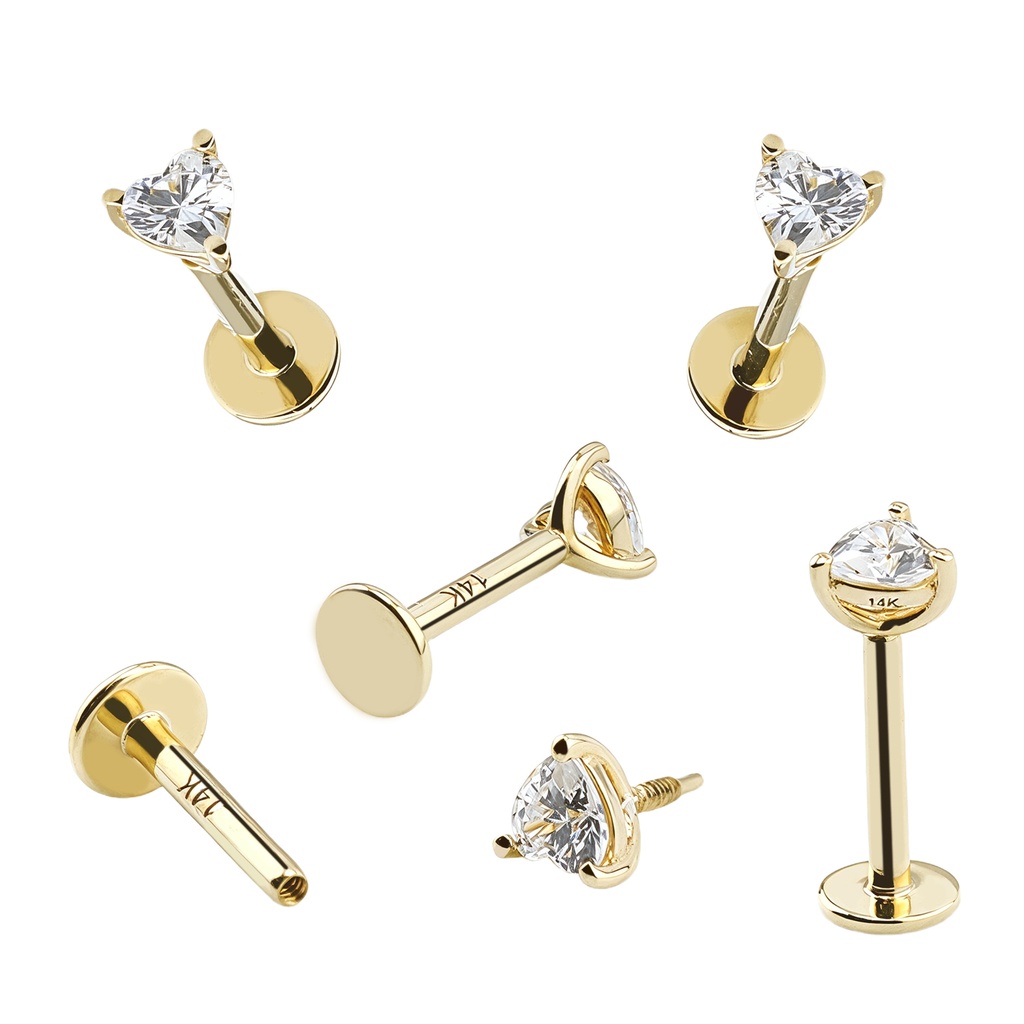 14K Real Gold Internally Labret with Synthetic Diamond Heart Shape Top Design 