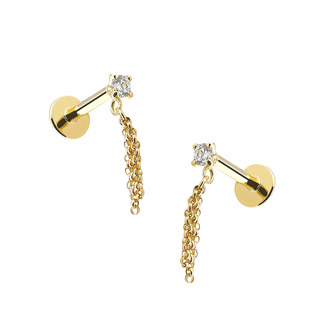 14K Real Gold Internally Labret with Synthetic Diamond Round Shape Top with Dangling Chain Design  