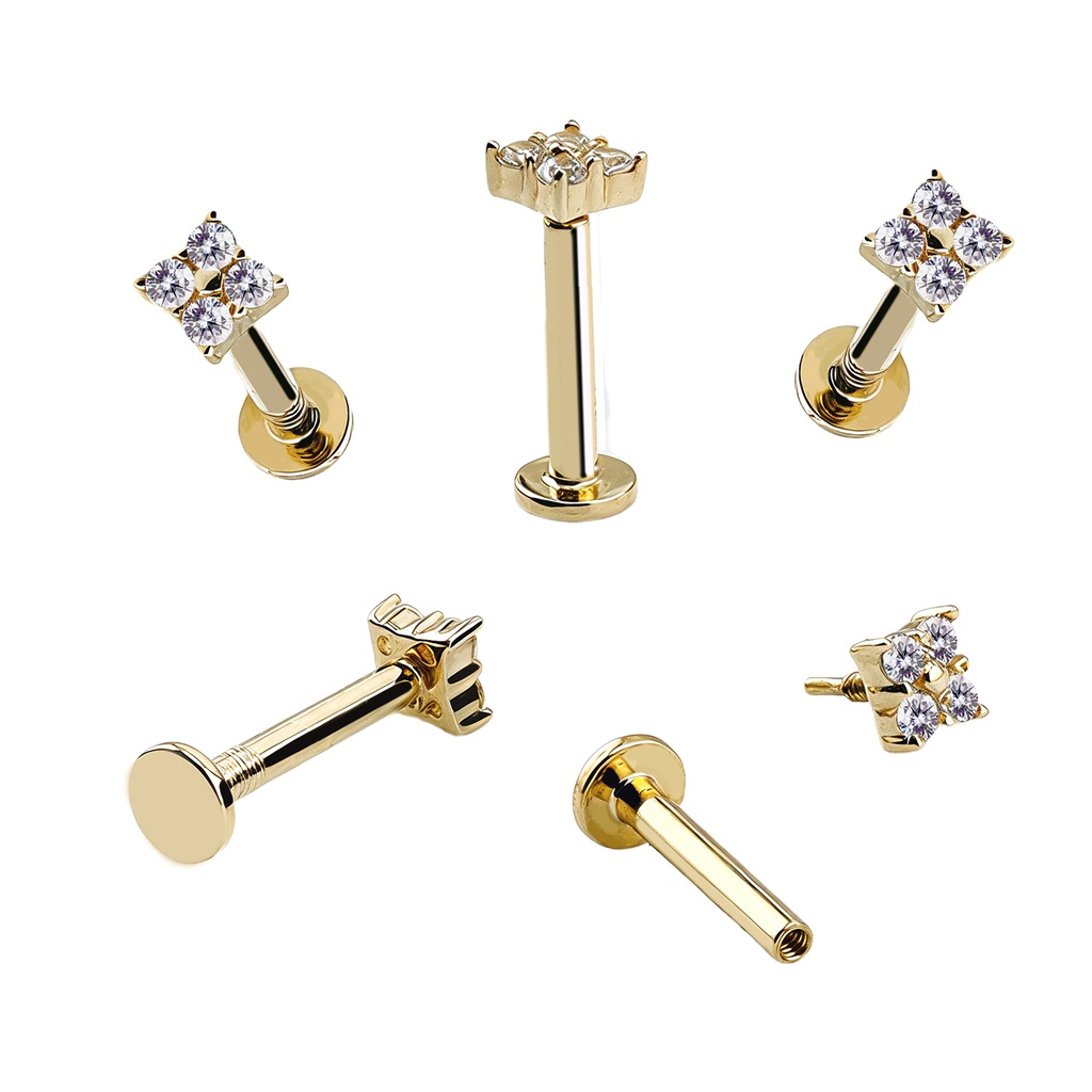 14K Real Gold Internally Labret with 4 Synthetic Diamond Design