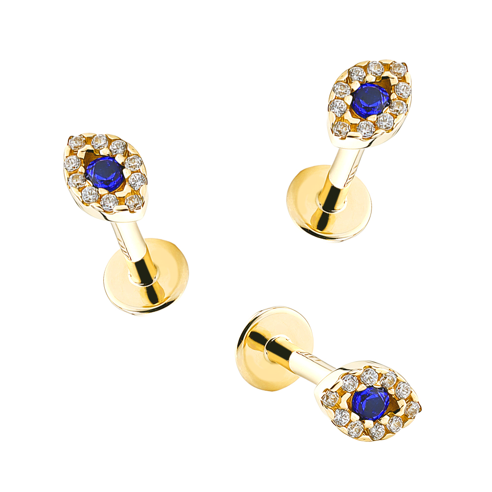 14K Real Gold Internally Labret with Synthetic Diamond Evil Eye Design