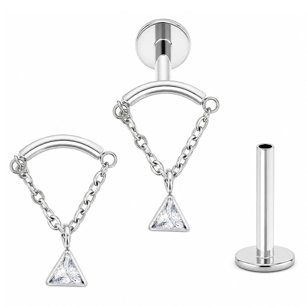 Titanium G23/ASTM F-136 White Gold Ti-PVD Internally Threaded Hidden Helix Labret with Chain and Triangle Cubic Zirconia Center Top, Internal Thread 0.9mm