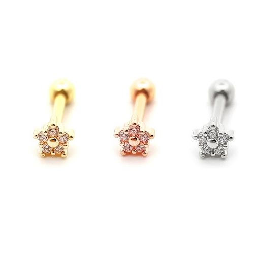 Steel 316L Barbell in Flower Design with Crystals - CC Crystal Clear