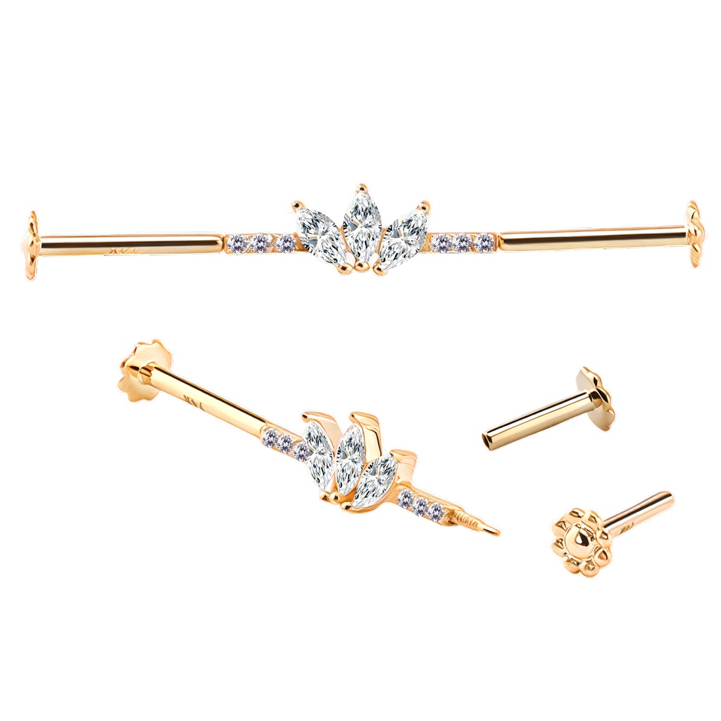 14K Internally Threaded Industrial Barbell with Stone Design