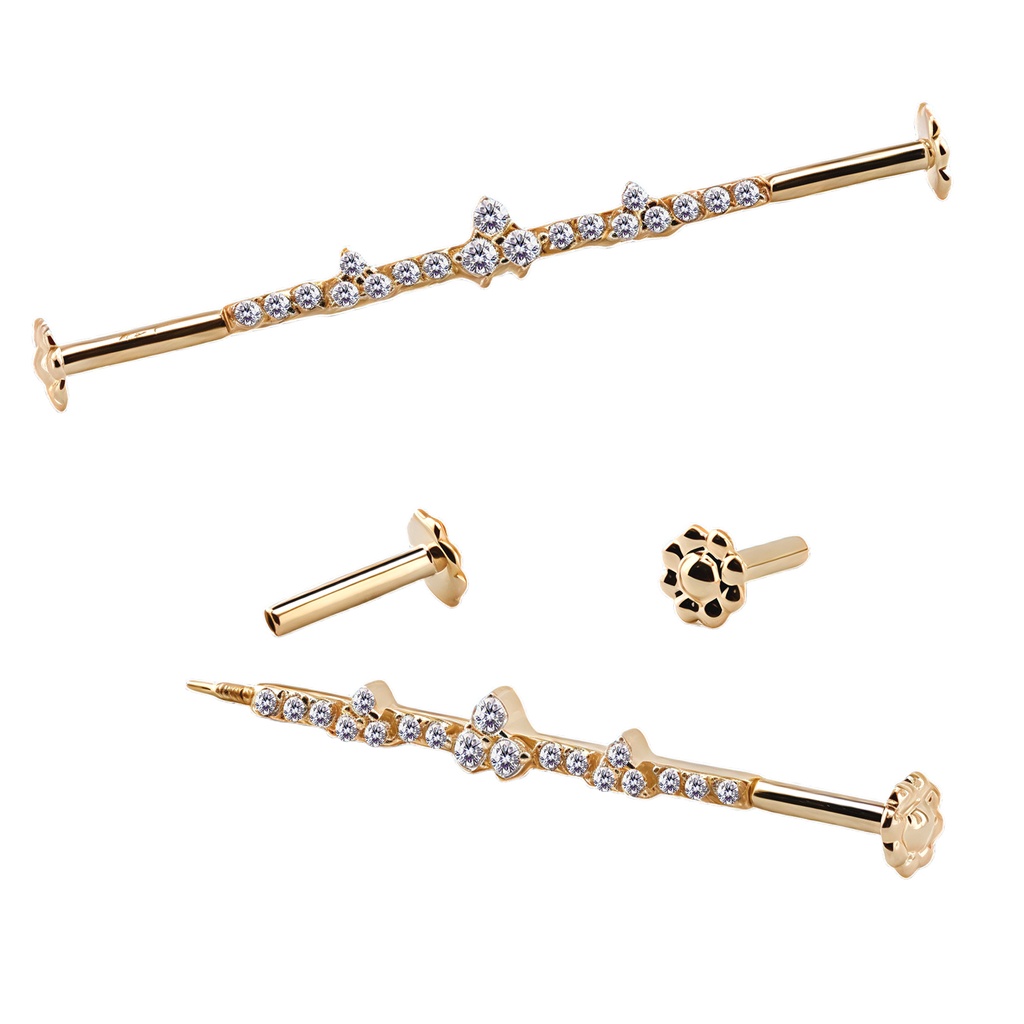 14K Internally Threaded Industrial Barbell with Stone Design 