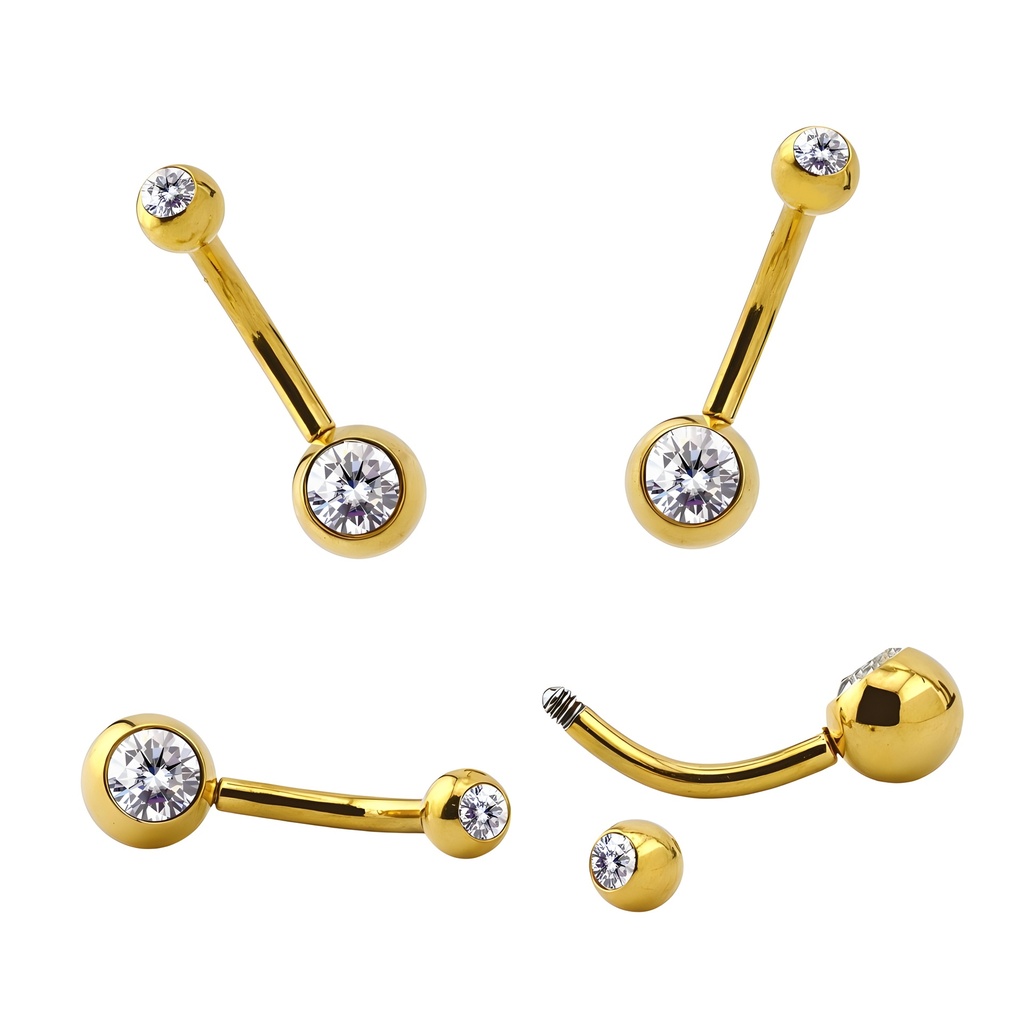 Steel 316L Gold Ti-PVD Coated Bananabell with Double Setted Crystal Ball (4+6mm)- 14GA(1.6mm)  