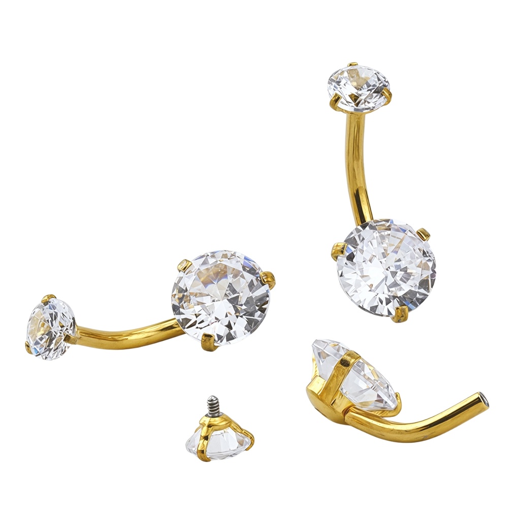Steel 316L Gold Ti-PVD Coated Bananabell with Prong Setted Round Stone - CC -Crystal Clear  