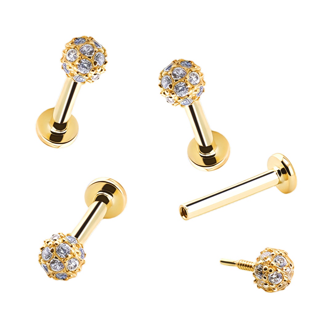 14K Real Gold Internally Labret with Disco Ball Synthetic Diamond Design Top 