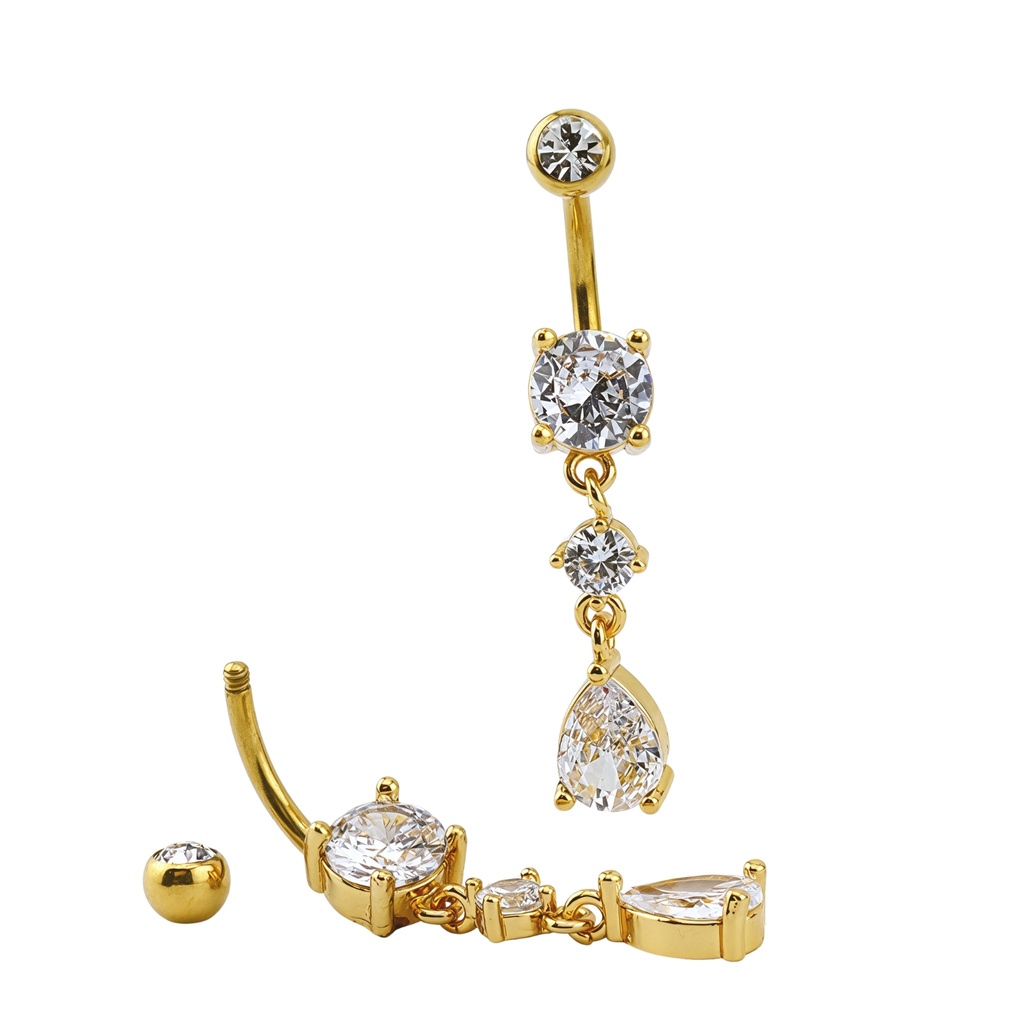 Steel 316L Gold Ti-PVD Coated Belly Button Banana with Cubic Zirconia Tear Drop Dangle