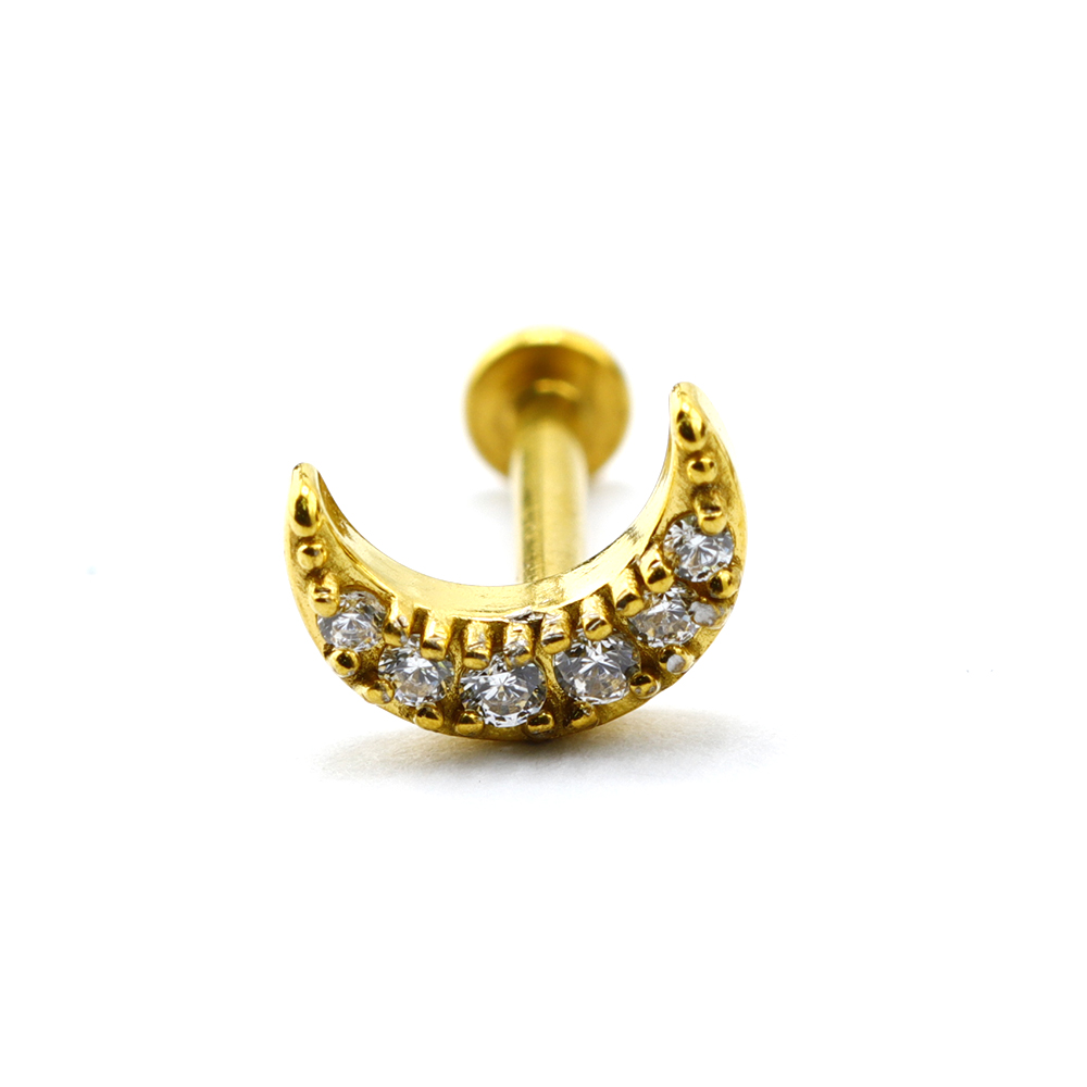Steel 316L Gold Ti-PVD Coated Internally Labret in Moon Design with Cubic Zirconia - (Full Steel)