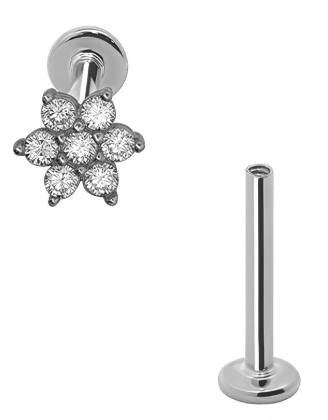 14K Real White Gold Flat Back Internally Threaded Labret with Synthetic Diamond Flower Design  