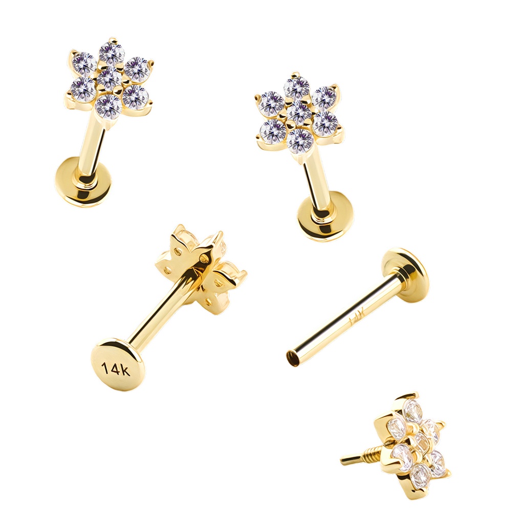 14K Real Gold Flat Back Internally Threaded Labret with Flower Synthetic Diamond Design Top 