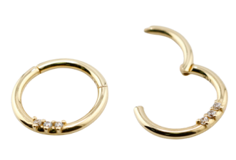 14K Real Gold Hinged Segment Ring Clicker with 3 Round Synthetic Diamond 