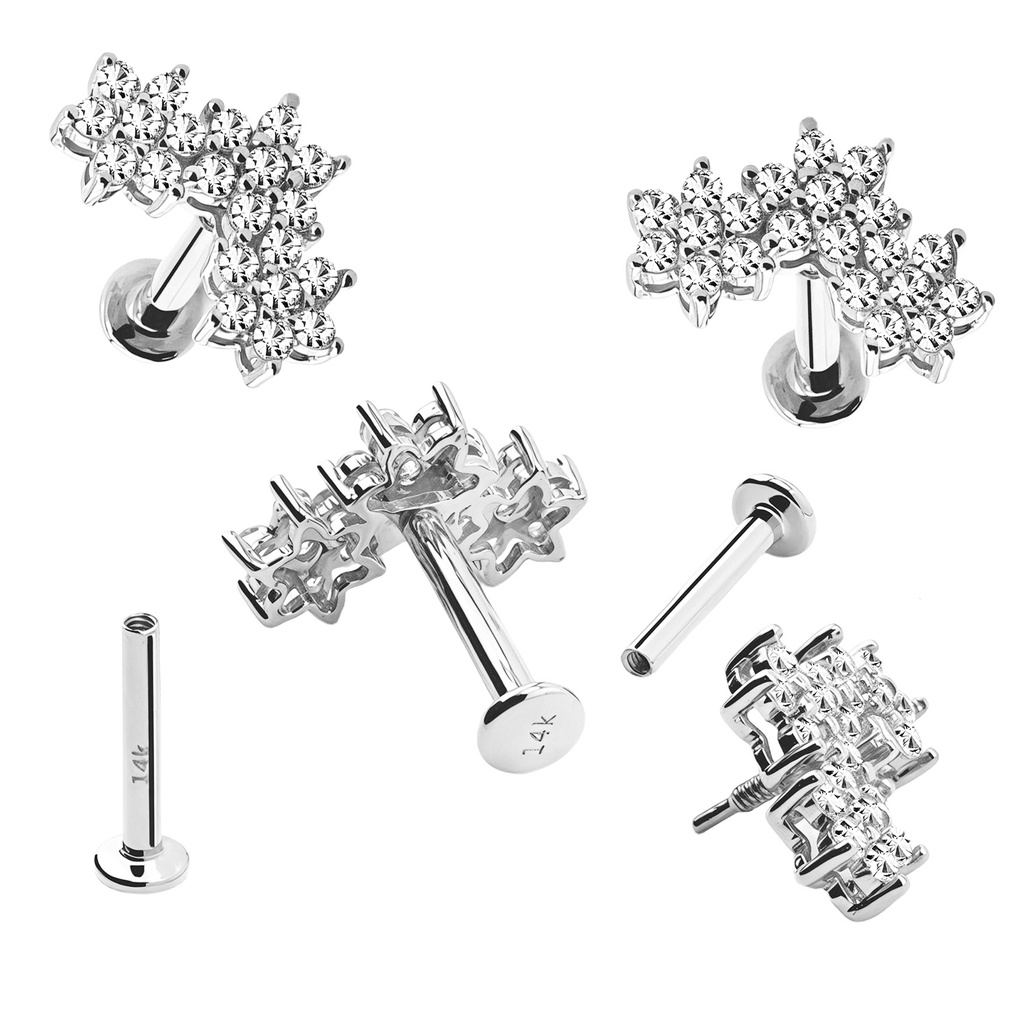 14K Real White Gold Flat Back Internally Threaded Labret  with Synthetic Diamond Design Top  