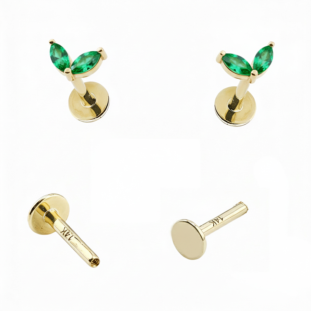 14K Real Gold Internally Labret with 2 Marquise Natural  Gem Stone Design