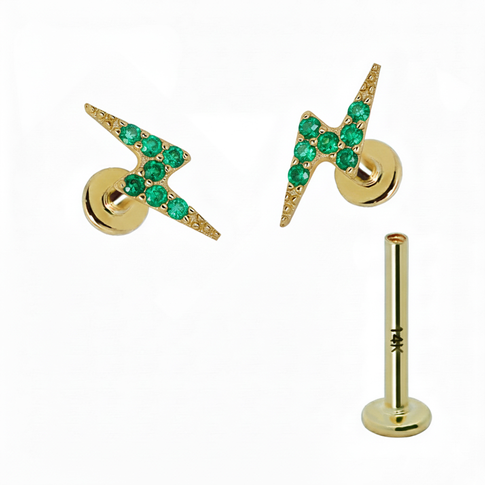 14K Real Gold Internally Threaded Labret with Natural Gem Stone Thunder Top 