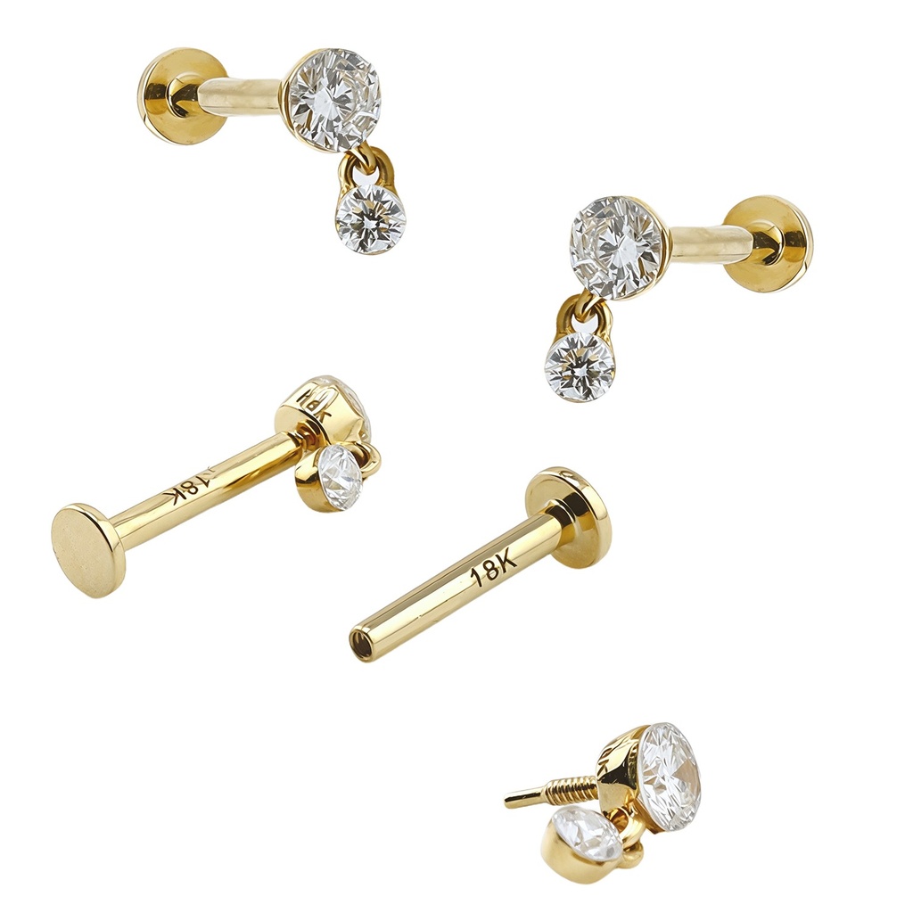 14K Real Gold Flat Back Internally Threaded Labret  with Lab Grown Diamond Design Top