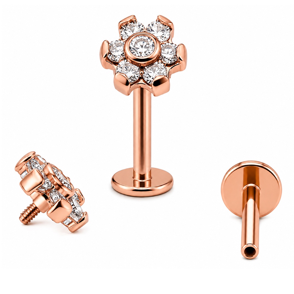 ASTM F136 Titanium G23 Rose Gold Ti-PVD Coated Internally Threaded Labret with Bezel Set Cubic Zirconia Stone Flower Top    
