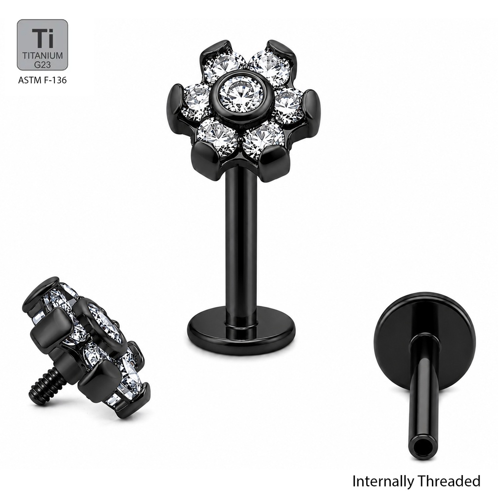 ASTM F136 Titanium G23 Black Ti-PVD Coated Internally Threaded Labret with Bezel Set Cubic Zirconia Stone Flower Top     