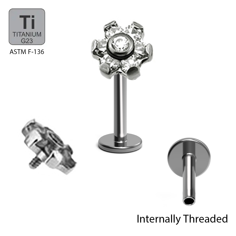 ASTM F136 Titanium G23 Black Ti-PVD Coated Internally Threaded Labret with Bezel Set Cubic Zirconia Stone Flower Top     