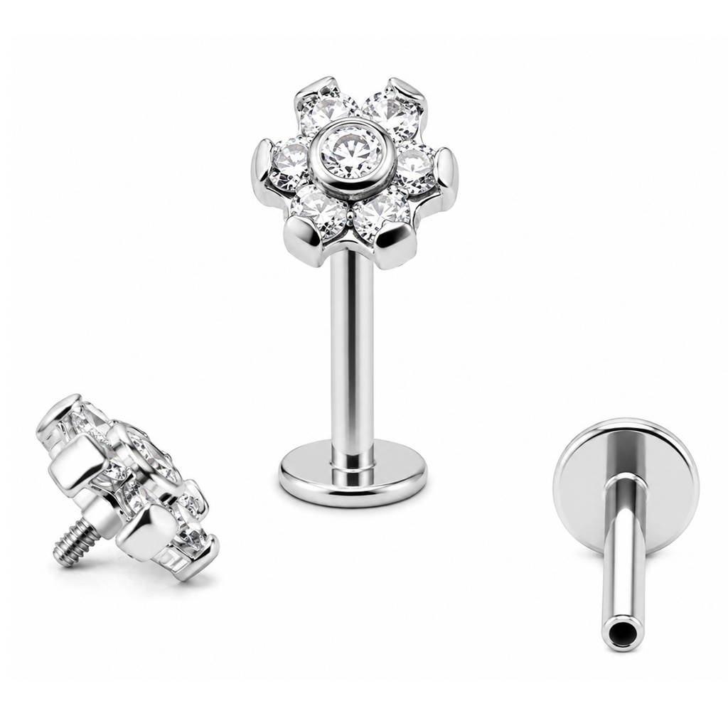 ASTM F136 Titanium G23 White Gold Coated Internally Threaded Labret with Bezel Set Cubic Zirconia Stone Flower Top     
