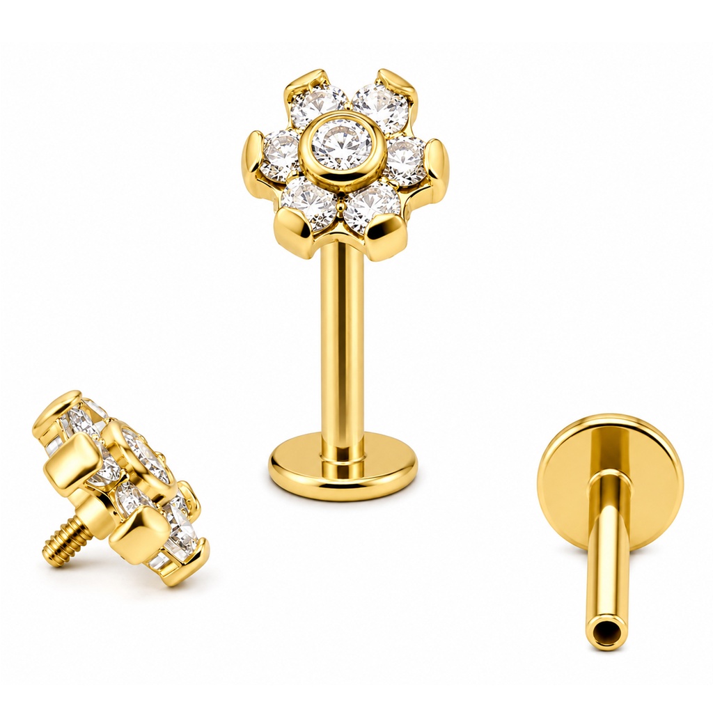 ASTM F136 Titanium G23 Gold Coated Internally Threaded Labret with Bezel Set Cubic Zirconia Stone Flower Top    