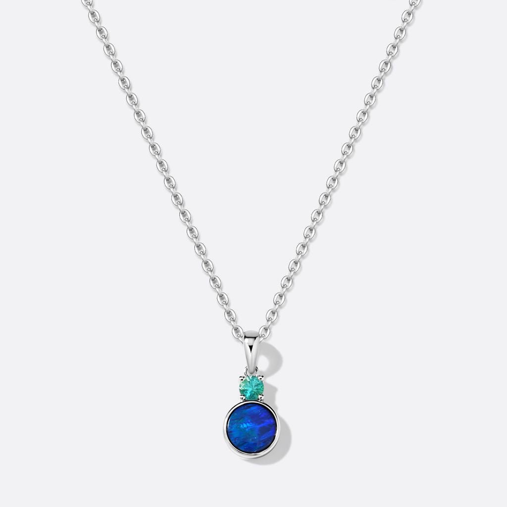 Palm Ocean 18k White Gold Necklace with Natural Black Opal Doublet and High Quality Natural Emerald
