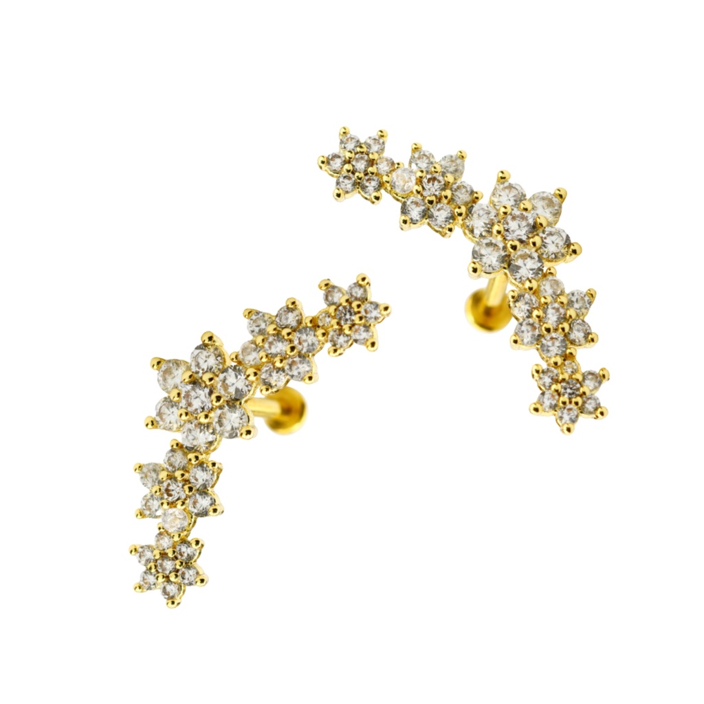 Steel 316L Gold Ti-PVD Coated Internally Labret in 5 Flower Design with Cubic Zirconia - Labret base 3mm 