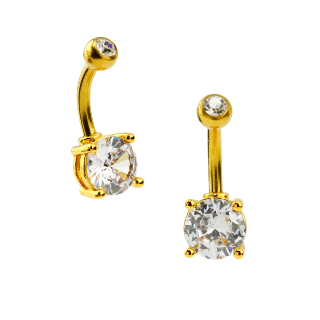 Steel 316L Gold Ti-PVD Coated Belly Button Banana with Prong Set Cubic Zirconia (4+7mm)
