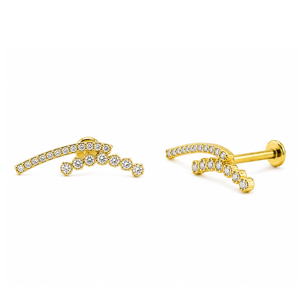 Steel 316L Internally Gold Ti-PVD Coated Labret in Double Lined Cubic Zirconia Paved Curve Top - Labret base 3mm 