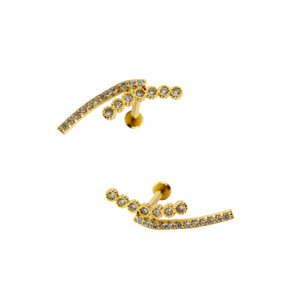 Steel 316L Internally Gold Ti-PVD Coated Labret in Double Lined Cubic Zirconia Paved Curve Top - Labret base 3mm 