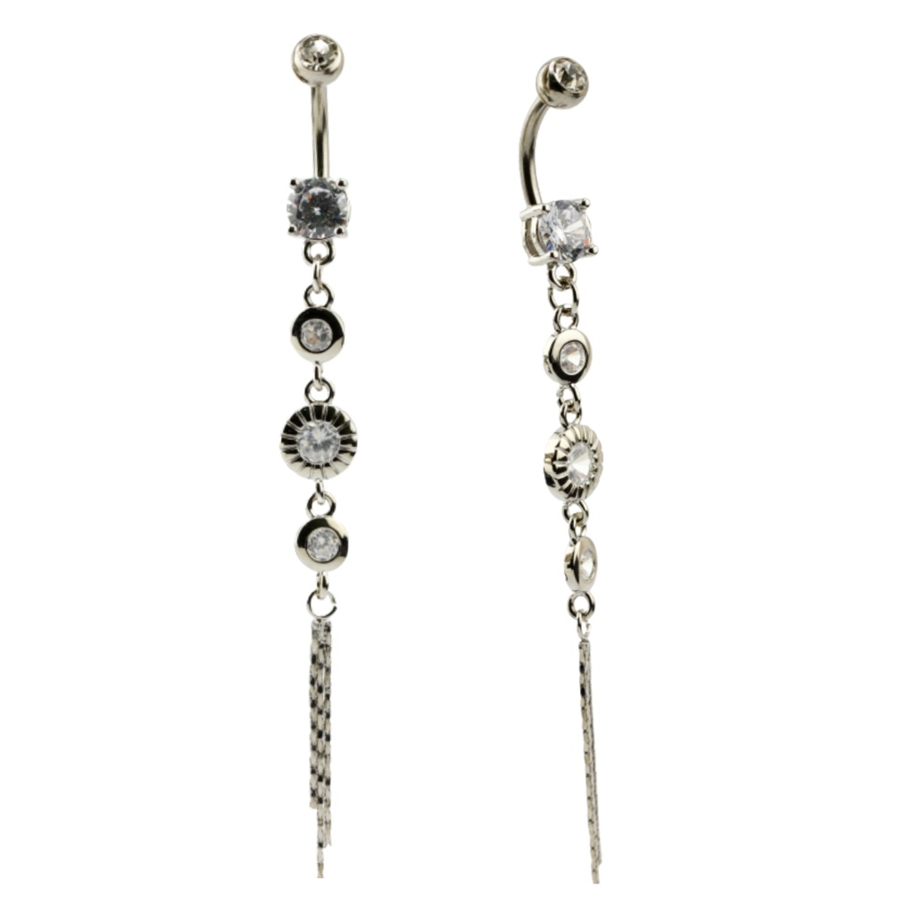 Steel 316L Belly Button Banana with Cubic Zirconia Centered Drops With Chain End 